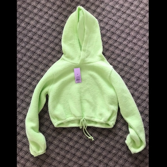 Tops | Lime Green Cropped Sherpa Hoodie | Poshmark